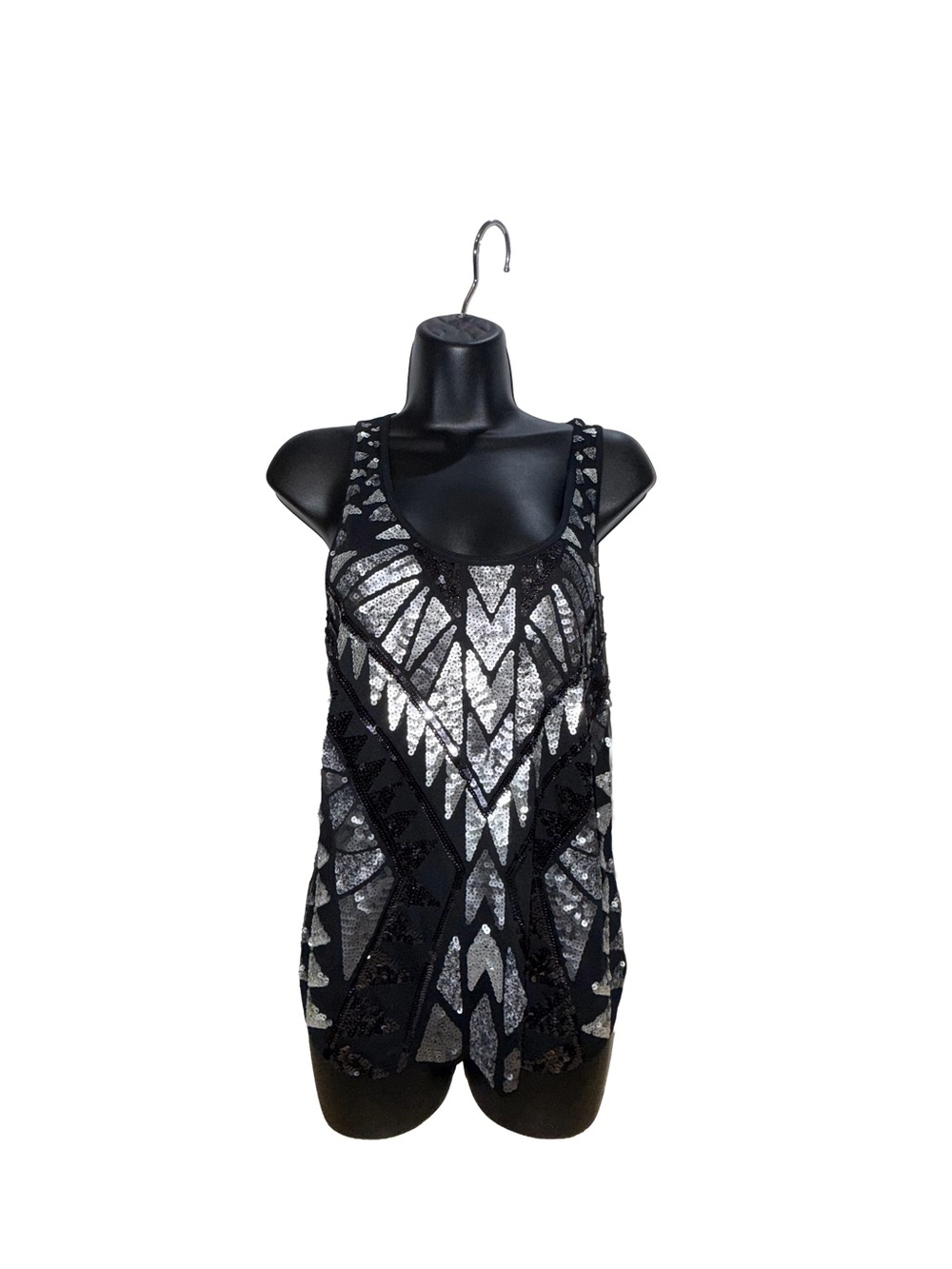 Express Black Tank Top with Silver Sequin Geo Design